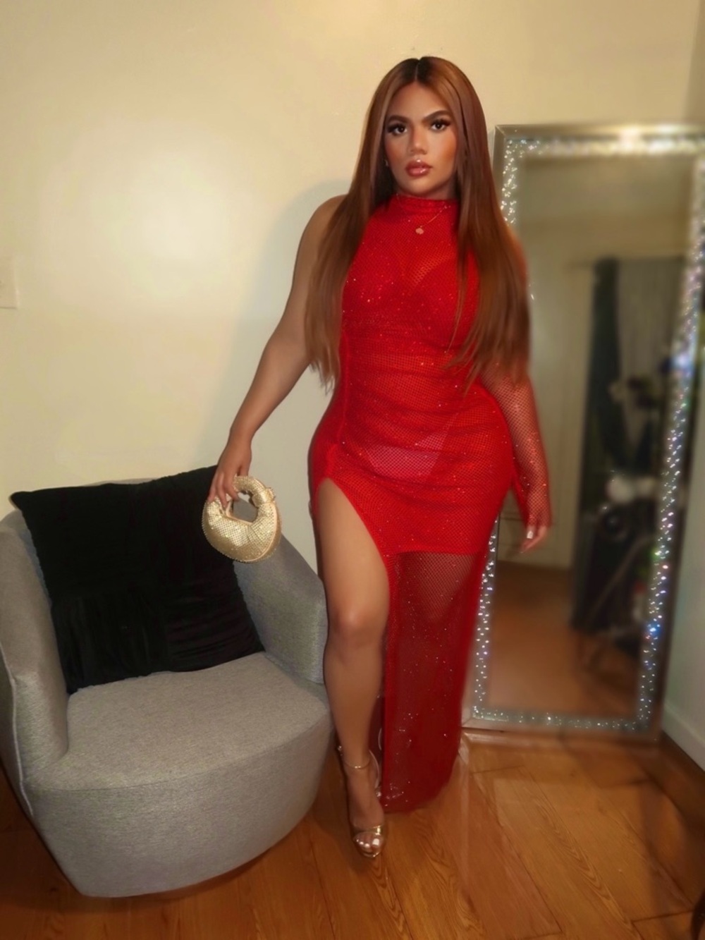Fashion Nova Red Mesh One-Arm High-Slit Maxi Dress